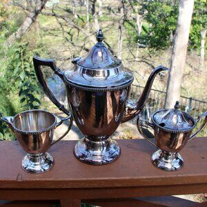 Silver plate coffee pot, cream and sugar